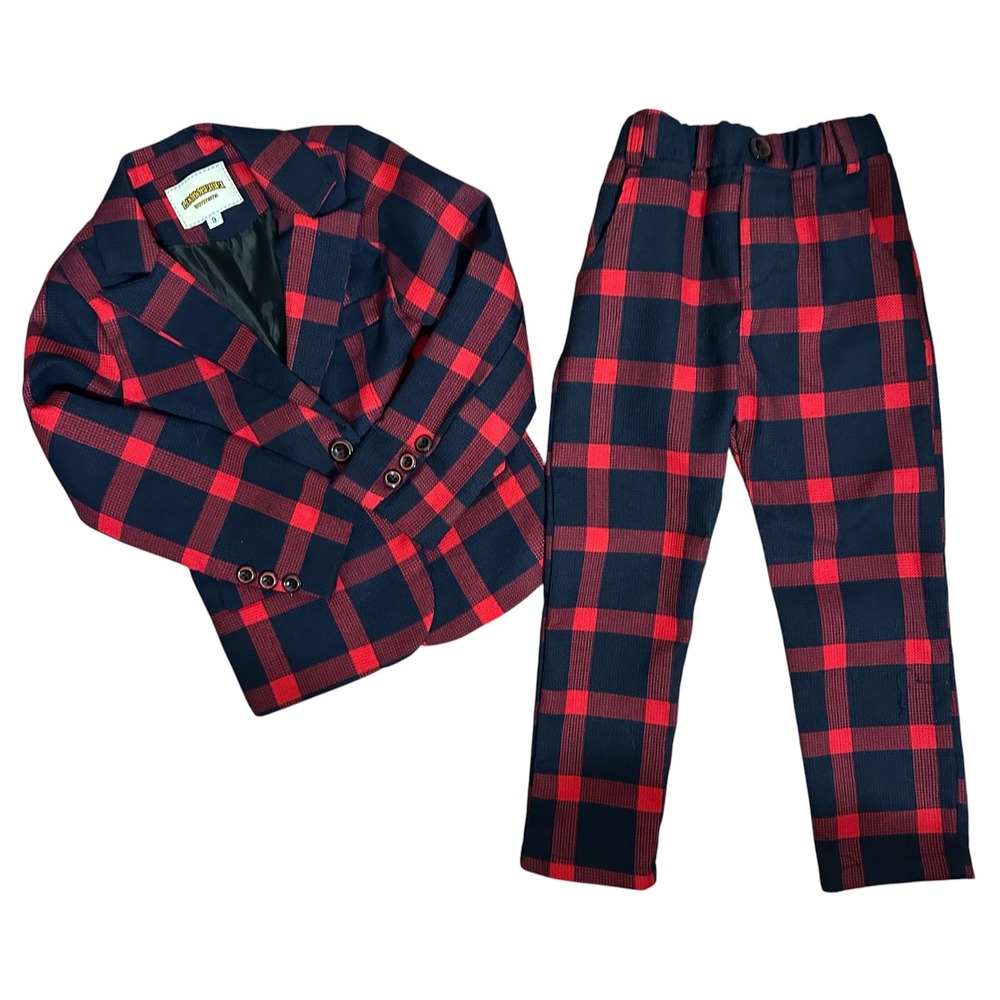 Luobobeibei Plaid Suit Set Kids Size 9 Red Navy Blue Checkered Blazer Pants 2pc